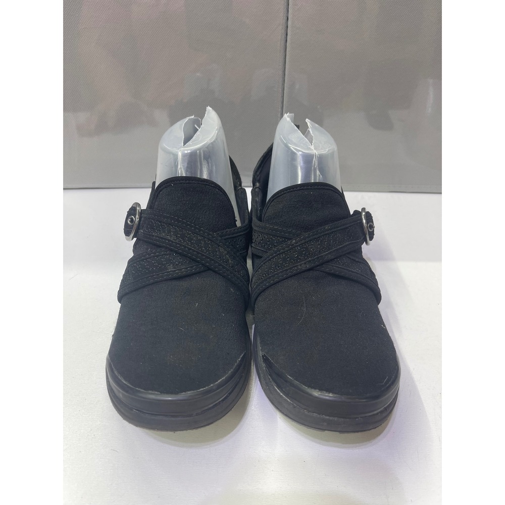 Bzees Indigo Black Slip On Comfort Shoes Womens 8.5 M Buckle Strap Flats